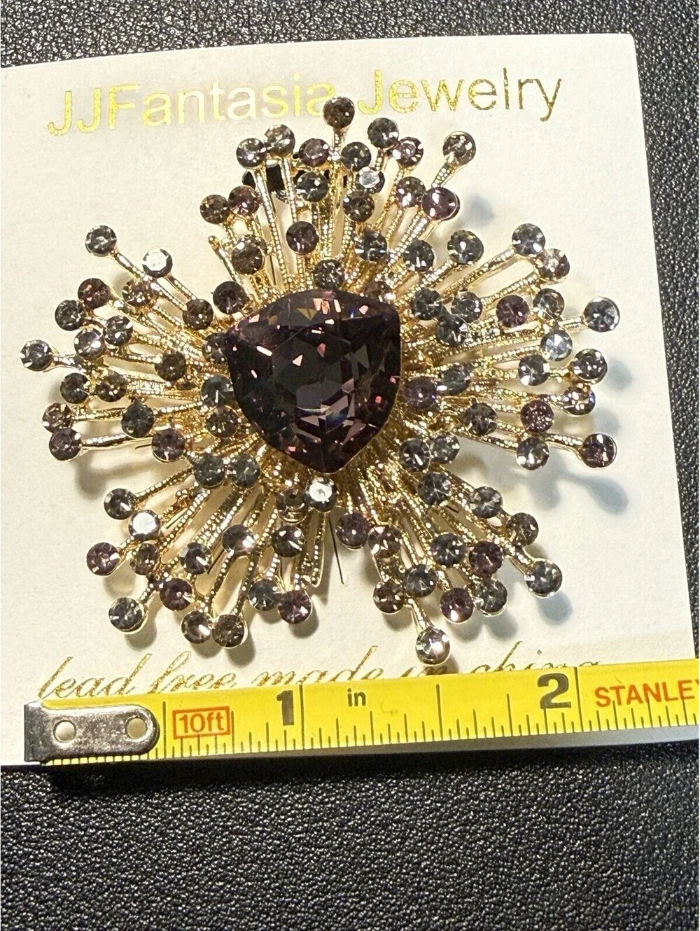 NEW JJ Fantasia 2000s Starburst Brooch Crystal Gold Smoky Amethyst, 2.5x2.5”